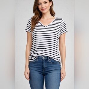 Green Envelope White & Navy Striped V-Neck Short Sleeve Tee